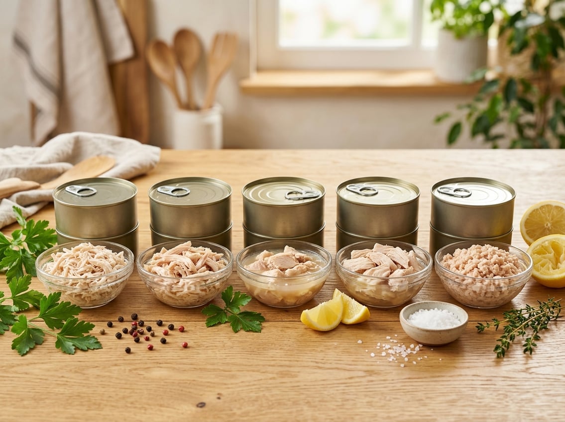 Several open cans of chicken breast with shredded chicken in bowls on a wooden table, surrounded by fresh herbs and lemon wedges.