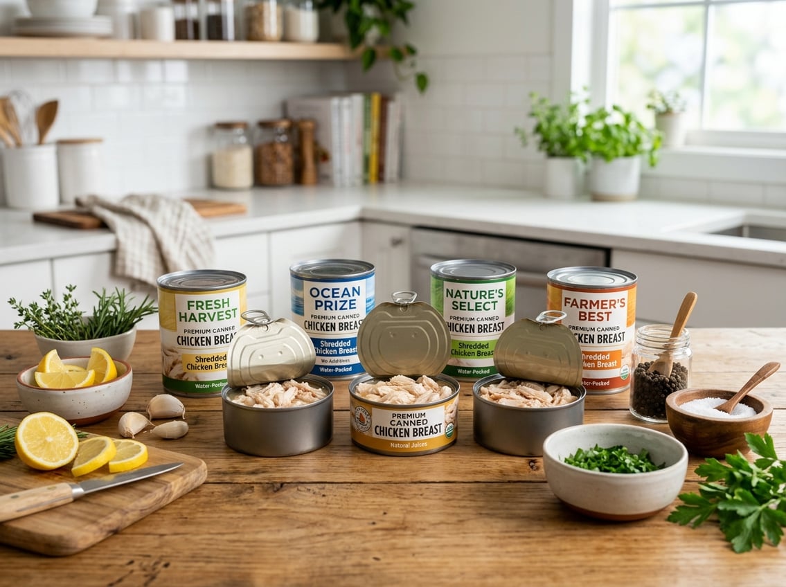 An assortment of open canned chicken breast on a kitchen countertop with fresh herbs and lemon slices nearby.