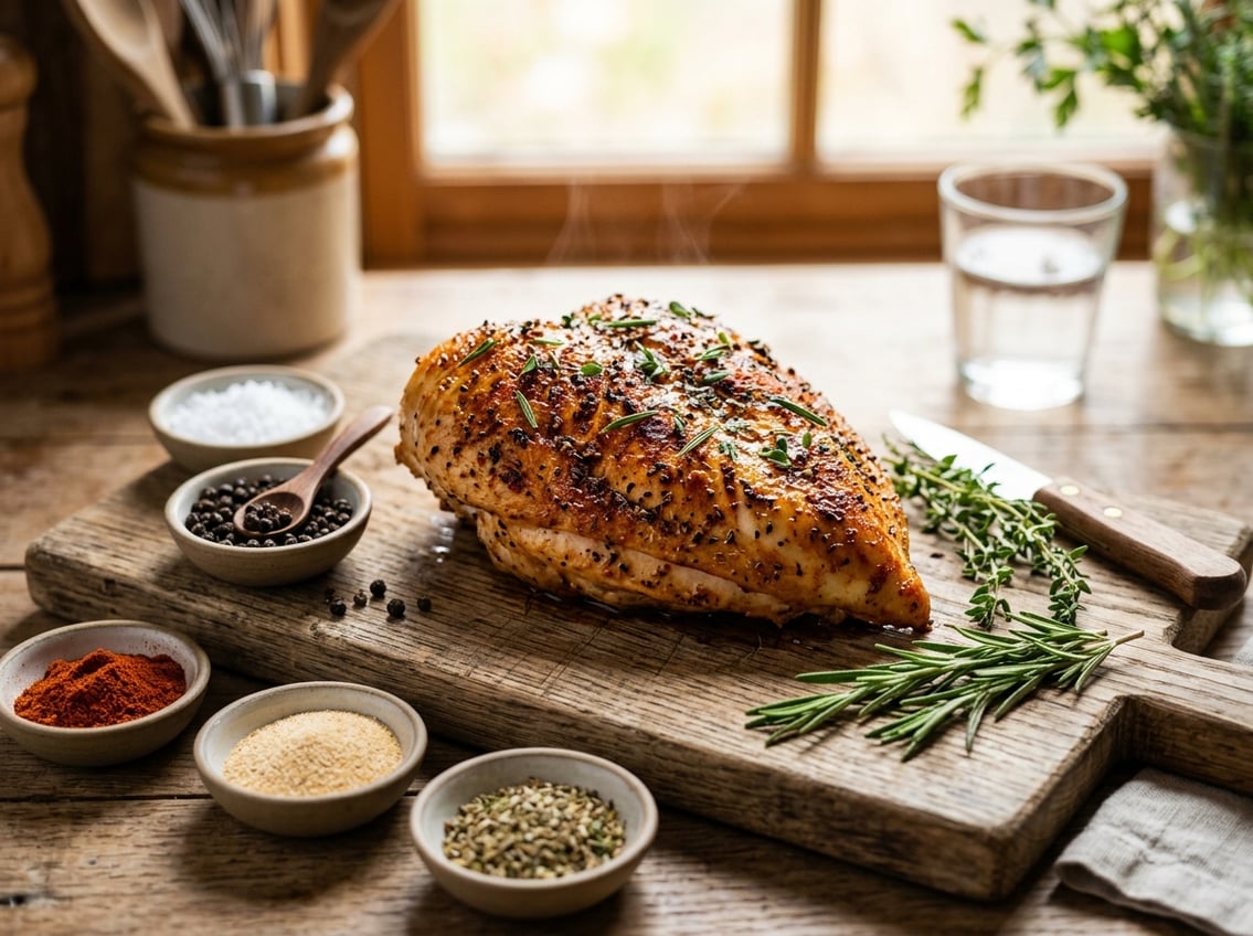 A cooked chicken breast seasoned with herbs and spices on a wooden cutting board surrounded by small bowls of spices and fresh herbs.