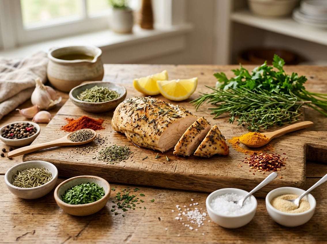 A cooked chicken breast surrounded by various herbs and spices on a wooden board with fresh ingredients nearby.