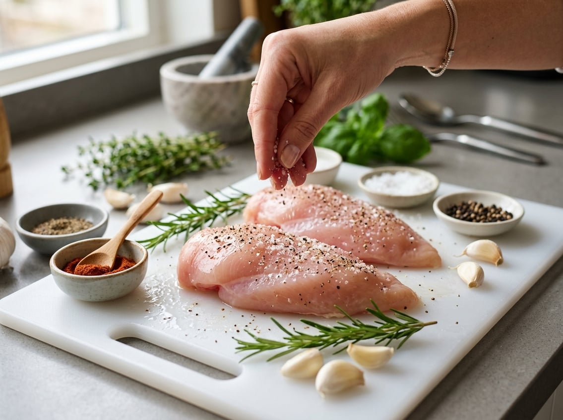 Close-up of raw chicken breasts on a cutting board being seasoned with herbs and spices in a kitchen setting.