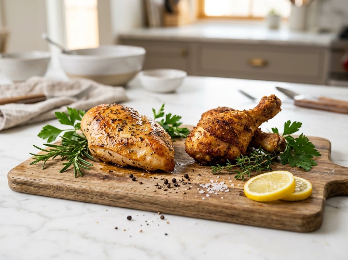 Two cooked chicken pieces, a breast and a drumstick, displayed side by side on a wooden cutting board with herbs and lemon slices.