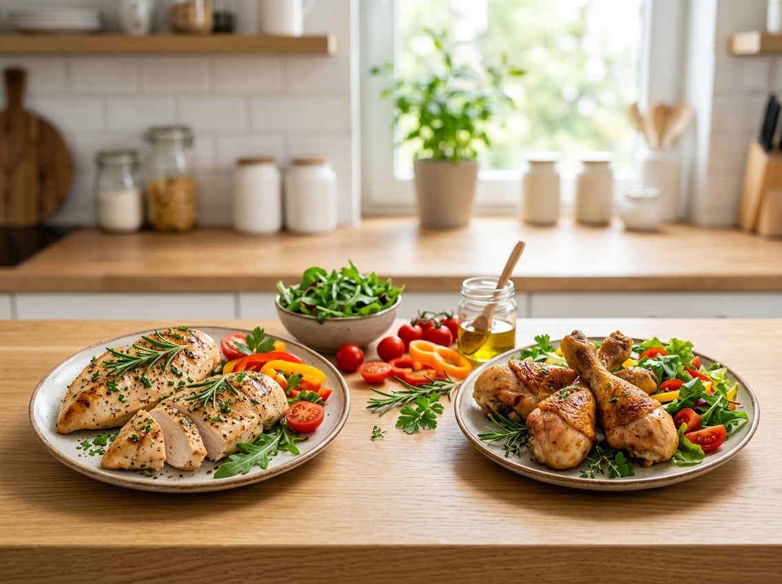 Two plates on a kitchen countertop, one with cooked chicken breasts and the other with chicken drumsticks, surrounded by fresh vegetables.