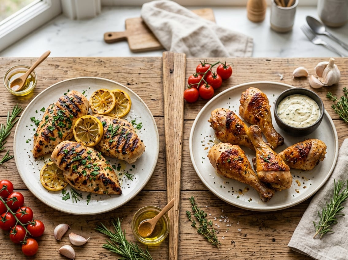 Two plates on a wooden table showing cooked chicken breasts with herbs and lemon on one side and roasted chicken drumsticks with dipping sauce on the other, surrounded by fresh ingredients.