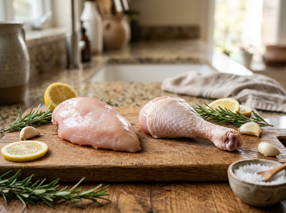 Close-up of a wooden cutting board with a raw chicken breast and drumstick side by side, surrounded by fresh herbs and ingredients in a kitchen setting.