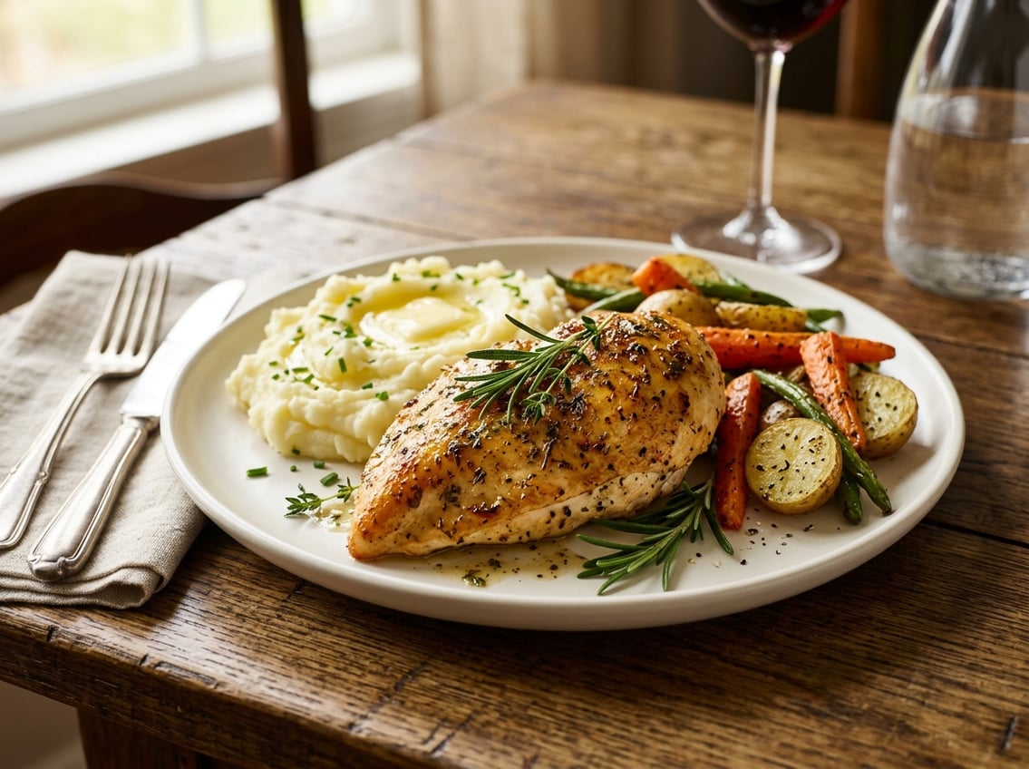 A plate with a cooked chicken breast served alongside mashed potatoes, green beans, and roasted carrots on a wooden table.
