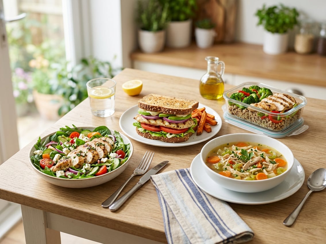 A kitchen table with dishes made from chicken breast including a salad, sandwich, bowl of soup, and a container of leftovers.