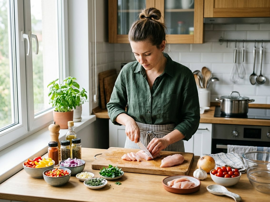 A person cutting raw chicken breast on a cutting board surrounded by fresh vegetables and herbs in a kitchen.