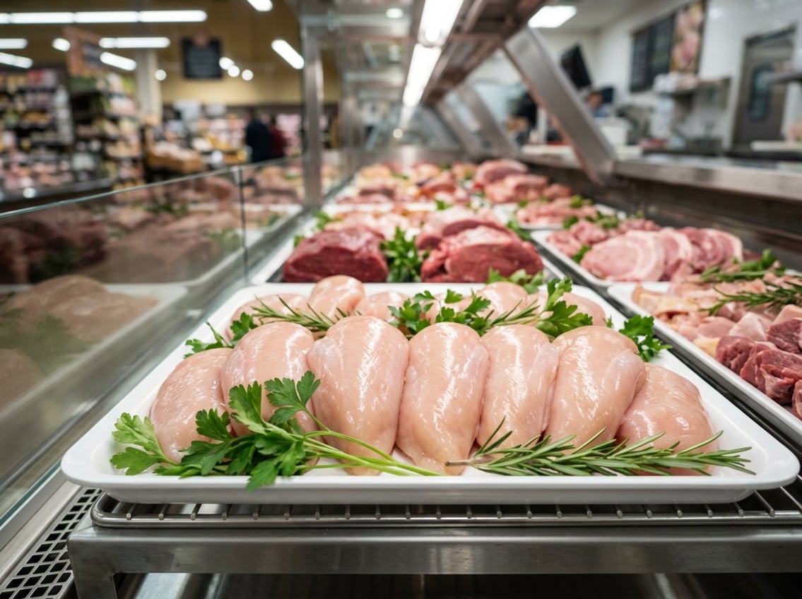 Fresh chicken breasts neatly arranged with herbs in a well-lit meat case at a grocery store.