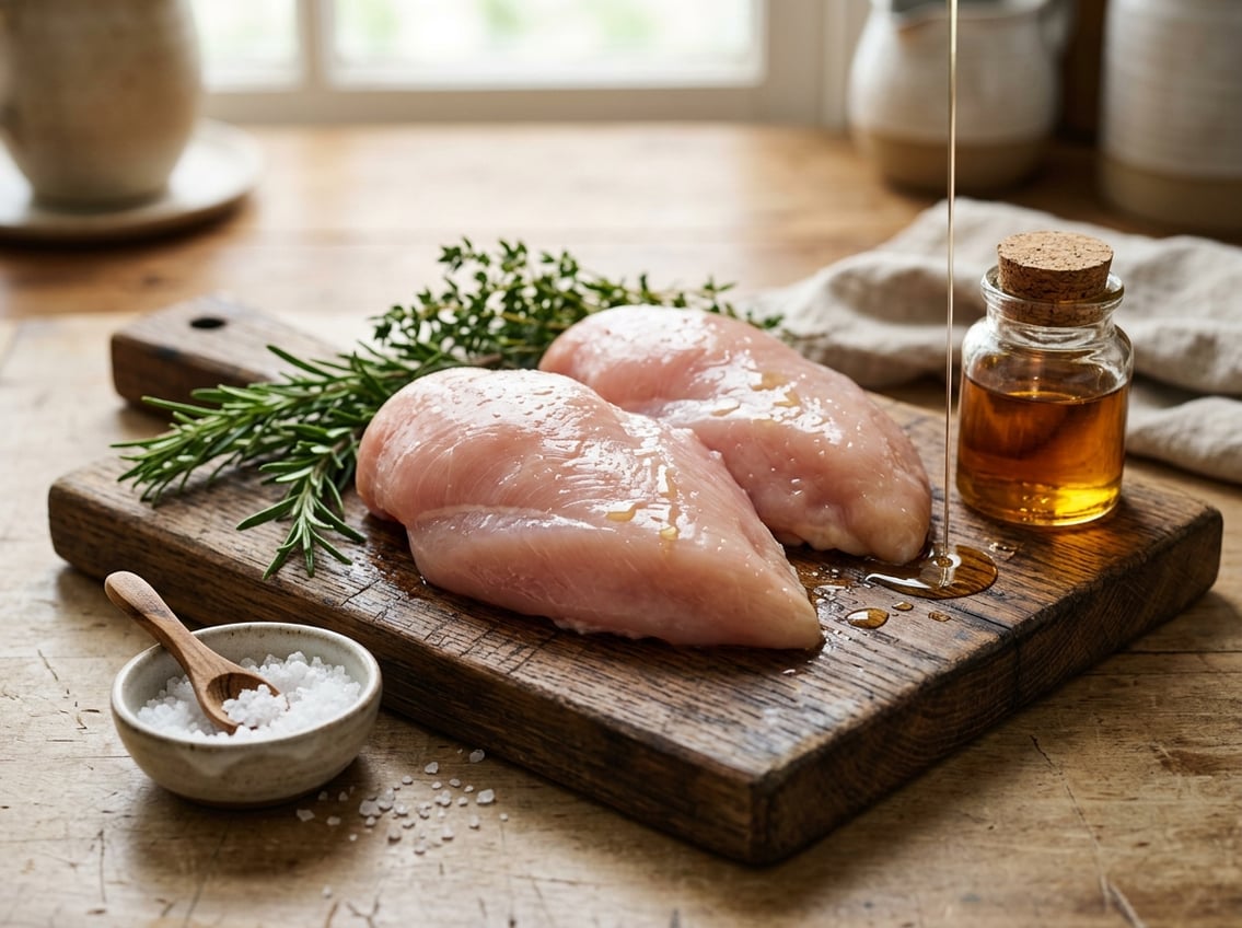Close-up of fresh chicken breasts on a wooden board with herbs and seasoning around them.