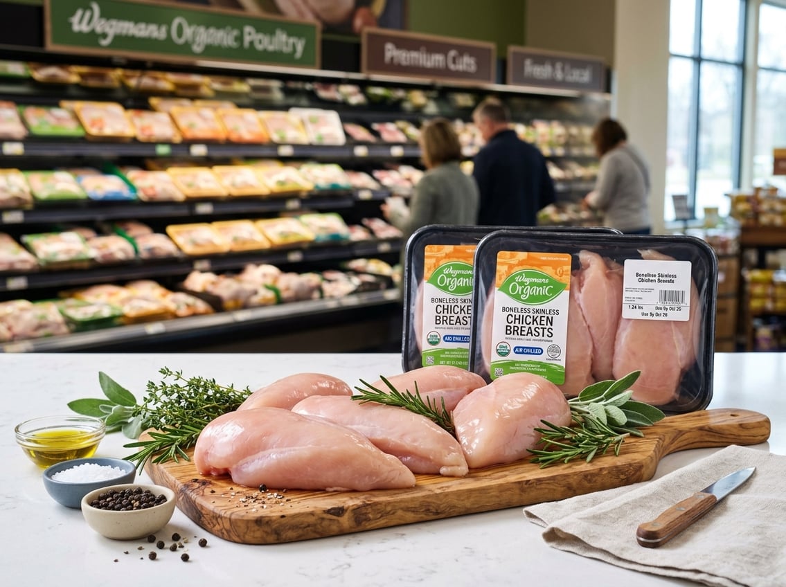 Fresh raw chicken breasts arranged on a kitchen countertop with fresh herbs and blurred grocery store shelves in the background.