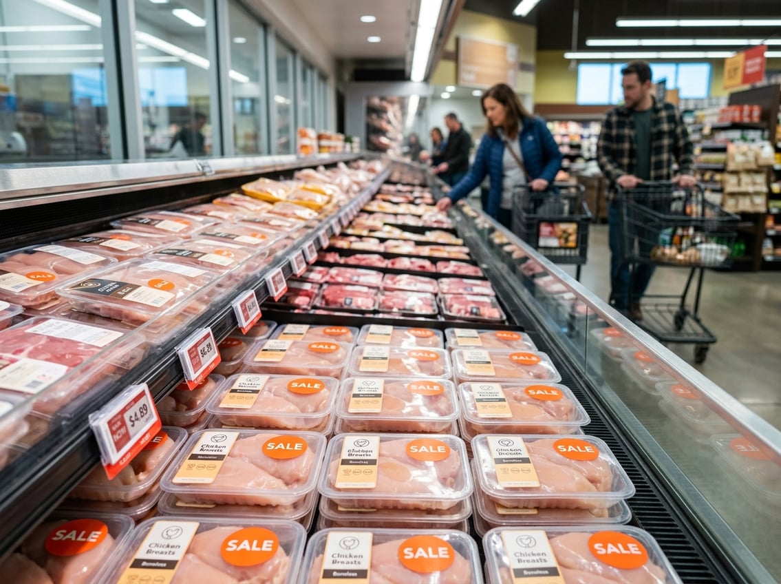 Refrigerated supermarket shelf displaying packaged boneless chicken breasts with price tags and shoppers in the background.
