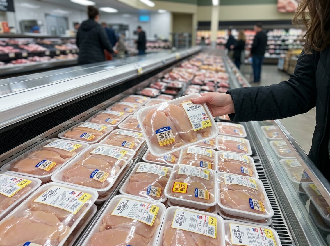 A shopper holding a package of boneless chicken breasts in a grocery store meat section, comparing prices among several packages.