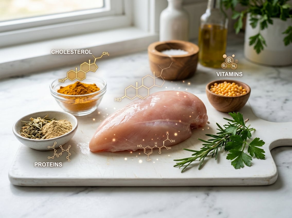 Close-up of a raw chicken breast on a white cutting board with small bowls of nutrients and fresh herbs in a kitchen setting.