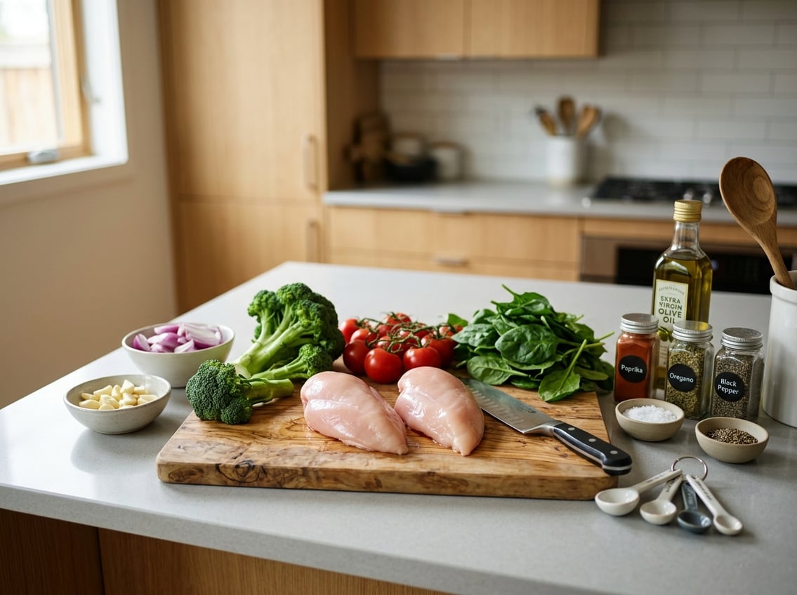 A kitchen countertop with raw chicken breasts on a cutting board surrounded by fresh vegetables, herbs, and kitchen utensils.