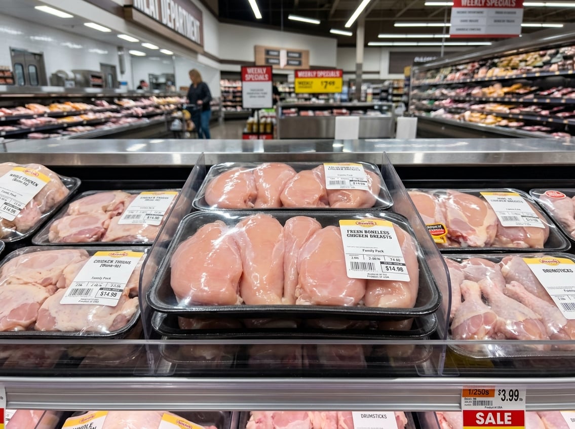A grocery store meat section displaying fresh boneless chicken breasts in clear packaging alongside other chicken cuts on refrigerated shelves.