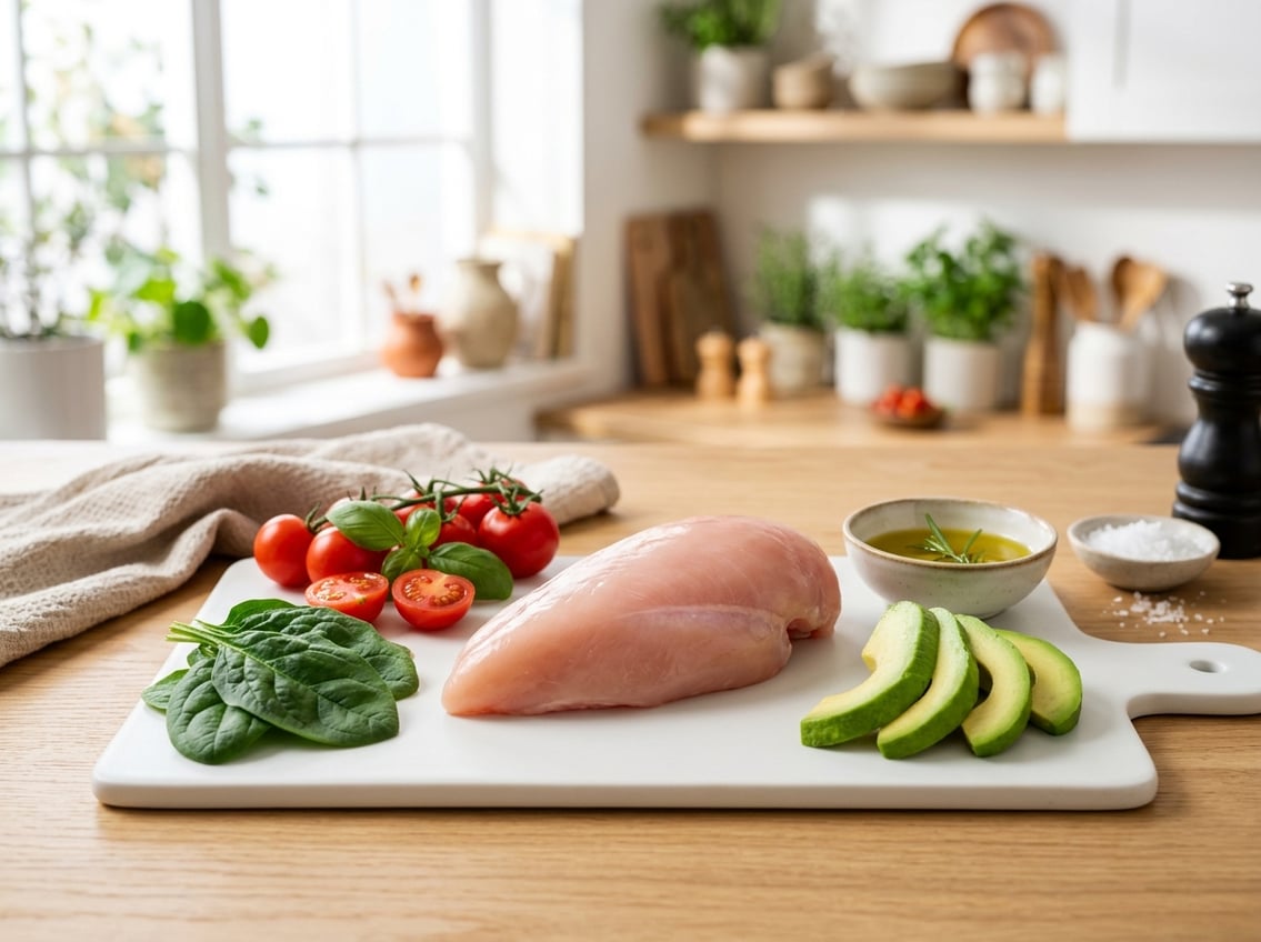 A fresh raw chicken breast on a white cutting board surrounded by spinach, avocado slices, cherry tomatoes, and olive oil in a bright kitchen.