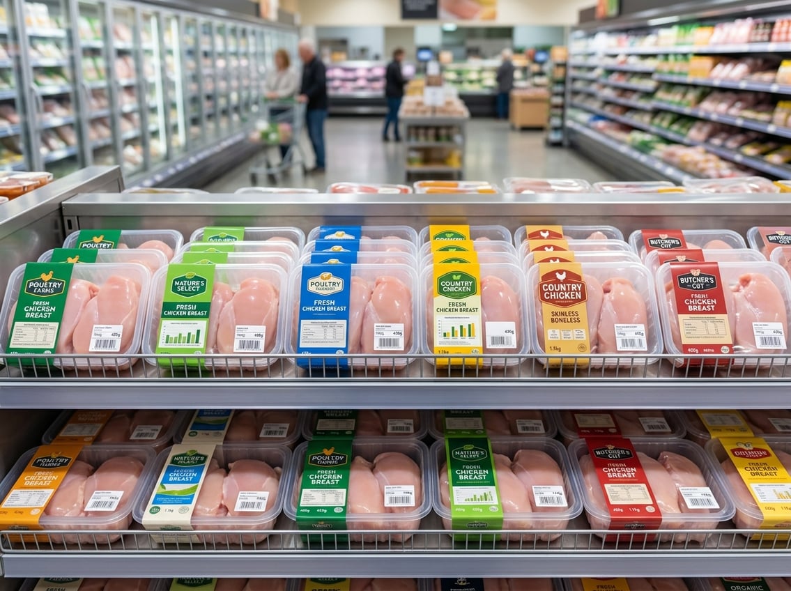 Various packaged chicken breasts displayed on a supermarket shelf.