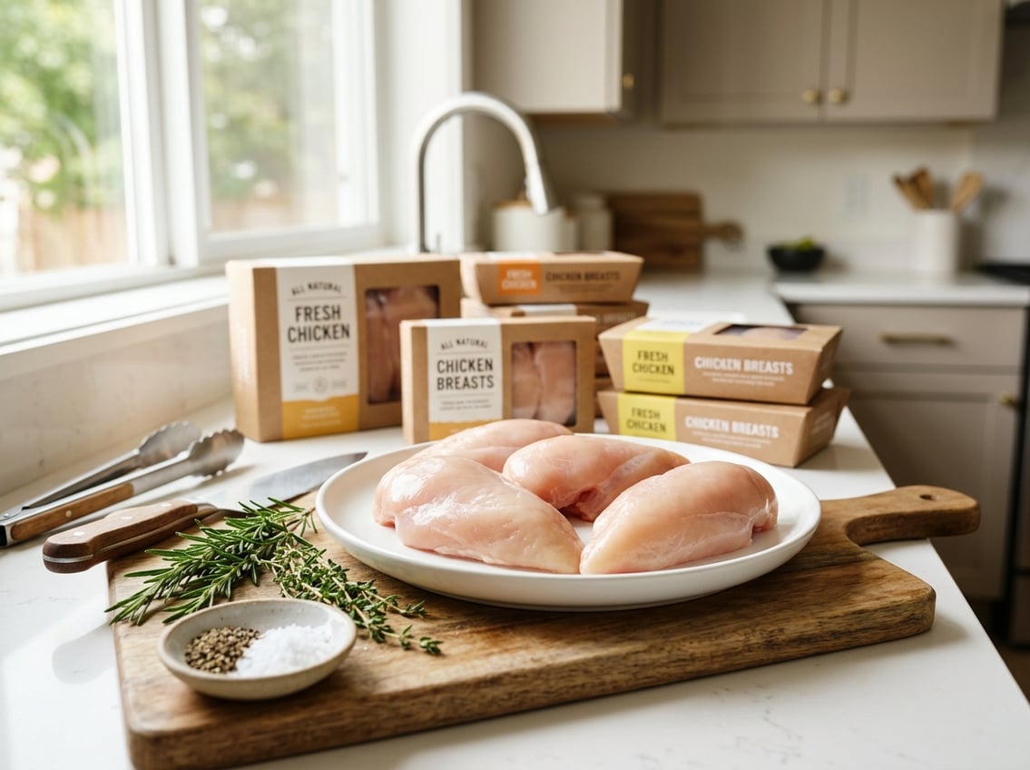 Fresh raw chicken breasts on a white plate surrounded by herbs and kitchen utensils on a countertop in a bright modern kitchen.