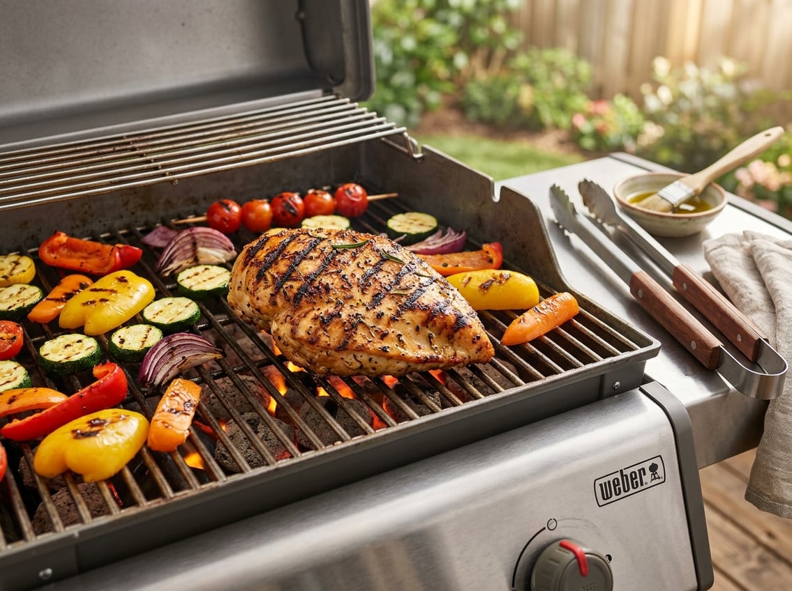 Grilled chicken breast with vegetables cooking on an outdoor barbecue grill.