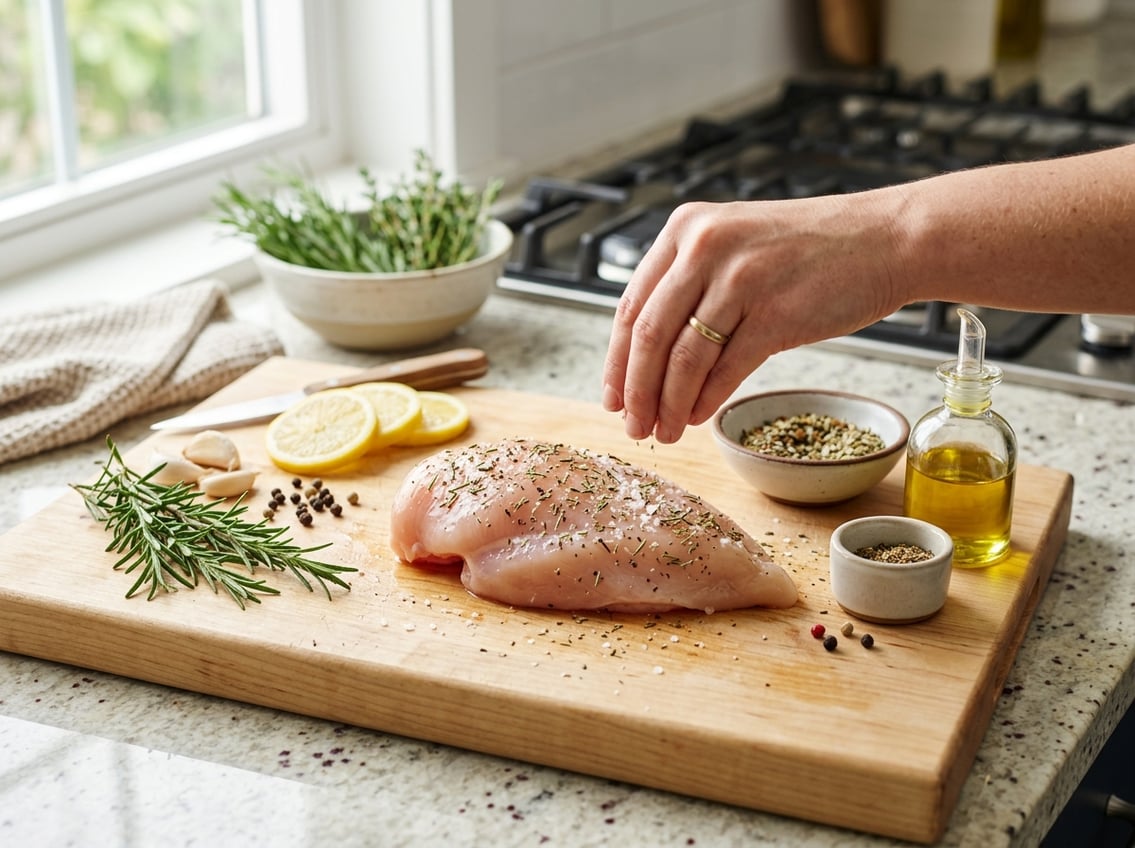 A hand seasoning a raw chicken breast on a wooden cutting board surrounded by fresh herbs, lemon slices, and garlic in a kitchen setting.