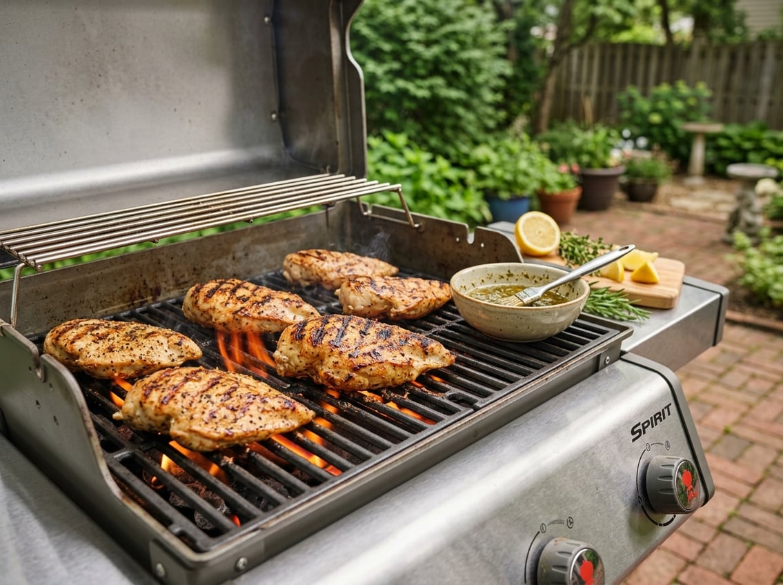 Close-up of chicken breasts grilling on a stainless steel grill with fresh herbs and lemon wedges nearby in an outdoor setting.
