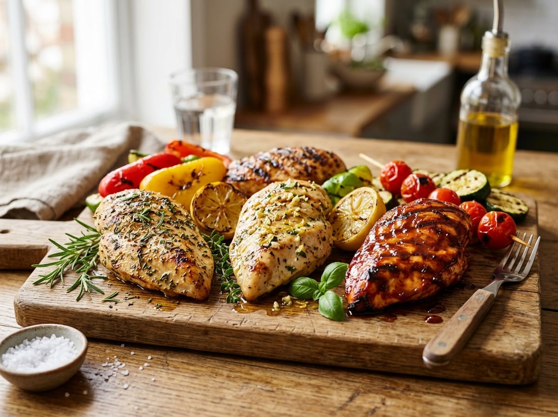 Grilled chicken breasts with various seasonings served on a wooden board with fresh herbs, lemon wedges, and grilled vegetables.