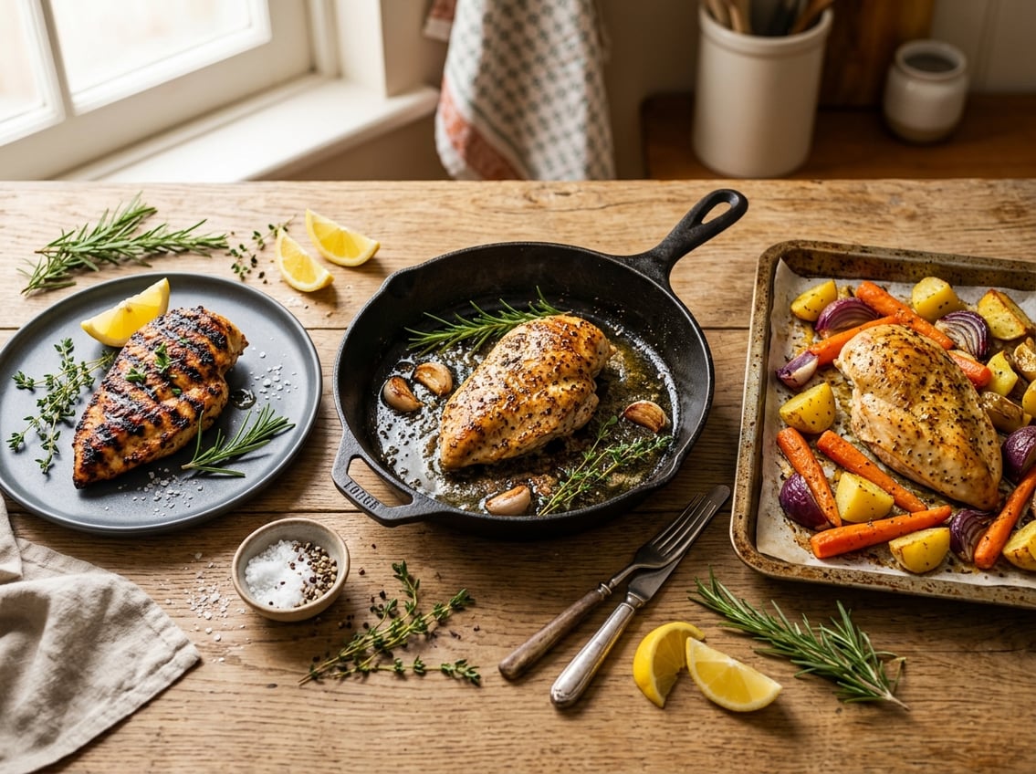 A variety of cooked chicken breasts prepared by grilling, pan-searing, and roasting, displayed with fresh herbs and vegetables on a wooden kitchen table.