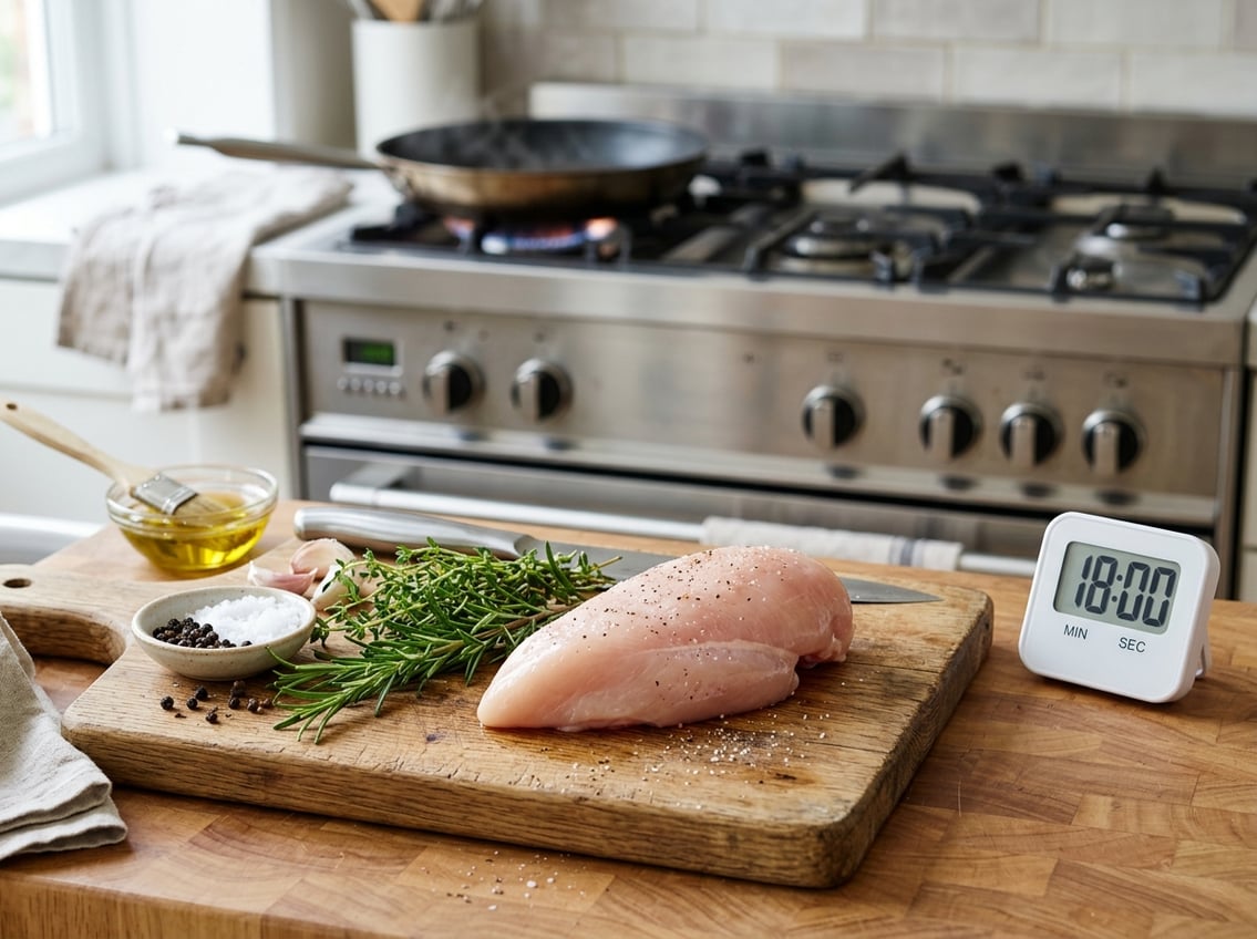 Close-up of raw chicken breast on a cutting board with fresh herbs and a kitchen timer, next to a stovetop in a kitchen.