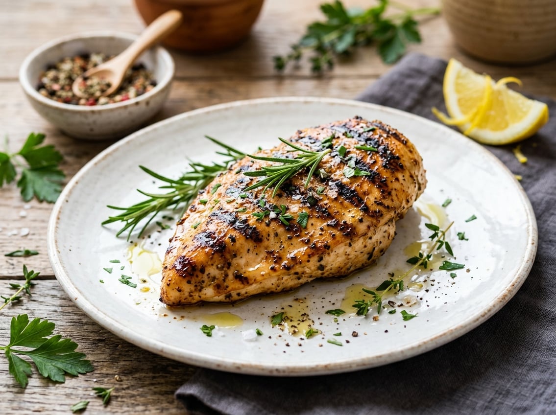 A juicy, well-seasoned cooked chicken breast on a plate with fresh herbs and spices on a wooden table.