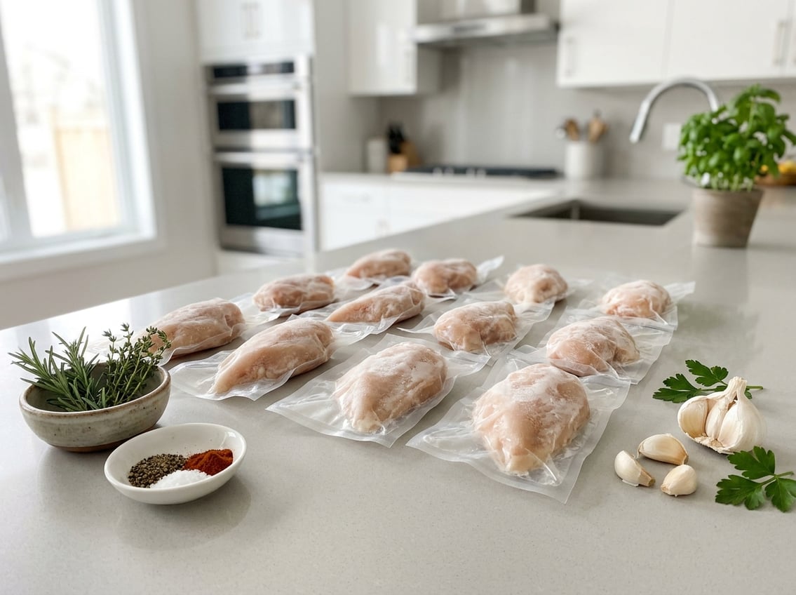 Frozen chicken breasts in clear packaging displayed on a kitchen countertop with herbs and seasoning nearby.