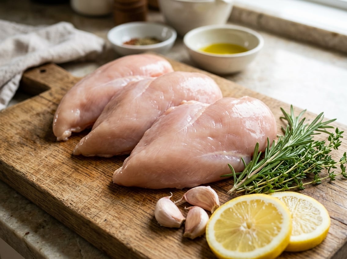 Close-up of large raw chicken breasts on a wooden cutting board with fresh herbs and lemon slices around them.