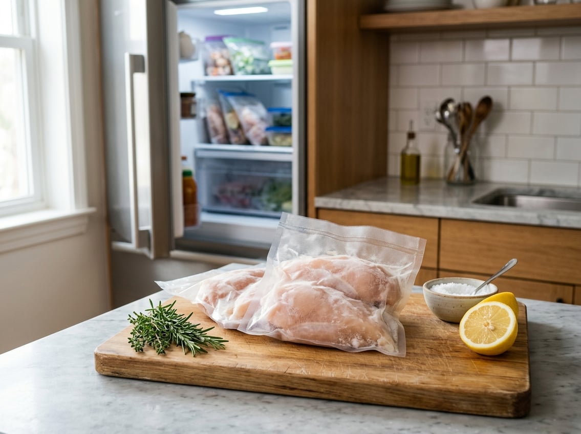 Frozen chicken breasts in vacuum-sealed bags on a kitchen countertop with fresh herbs and lemon, next to an open refrigerator showing organized frozen foods.