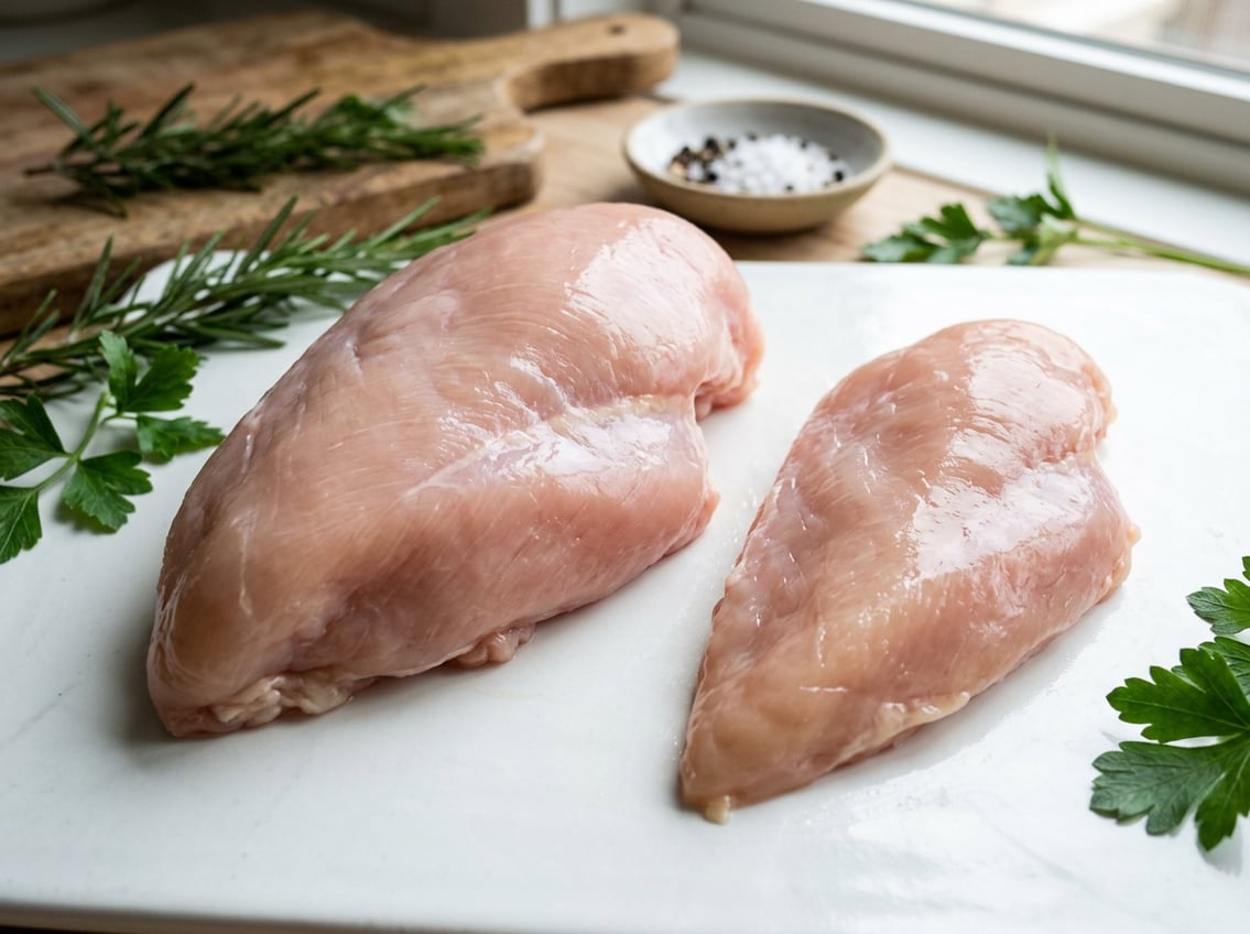 Two raw chicken breasts on a white surface, one significantly larger than the other, with fresh herbs nearby.
