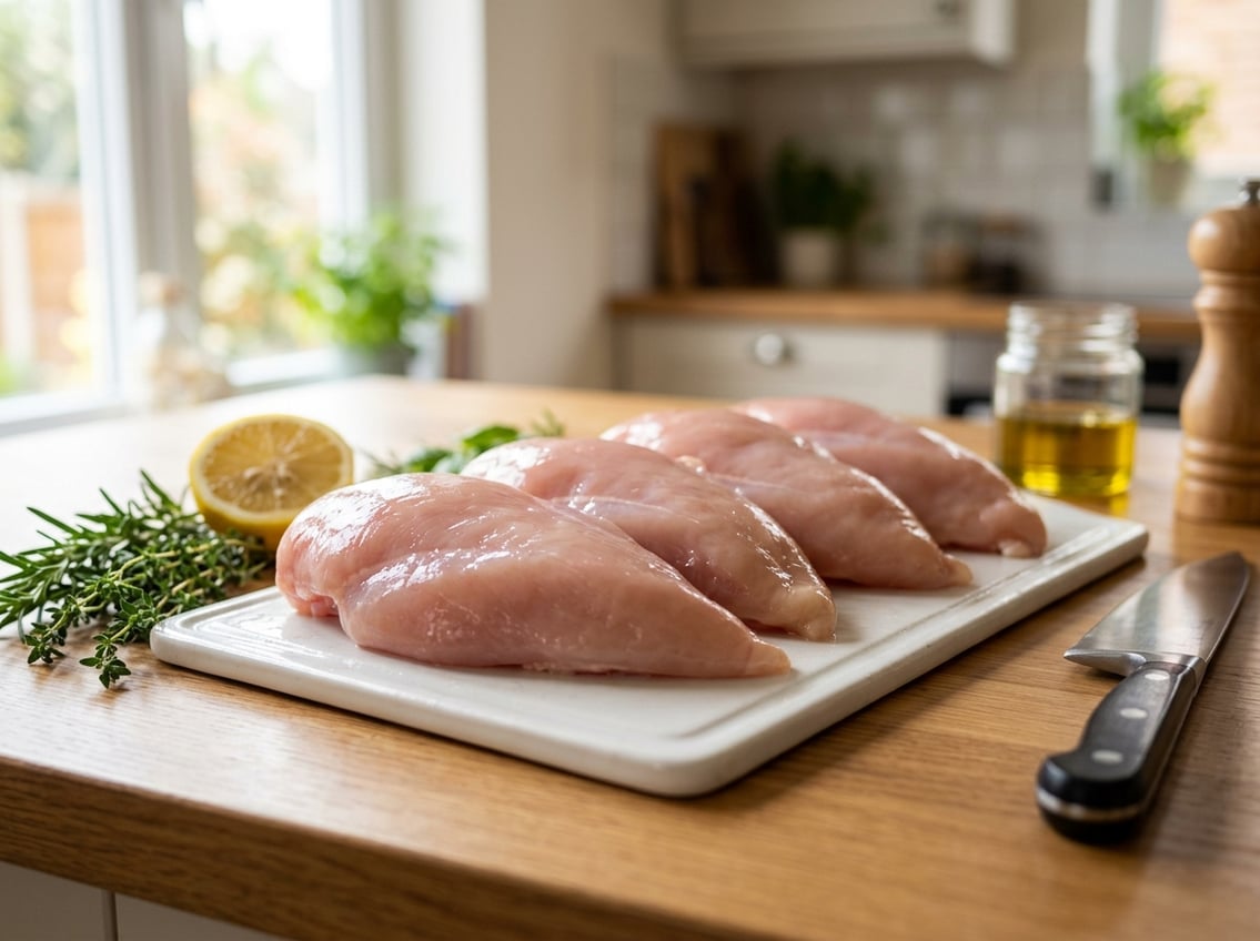 Close-up of several large raw chicken breasts on a white cutting board with fresh herbs and a lemon in a bright kitchen.
