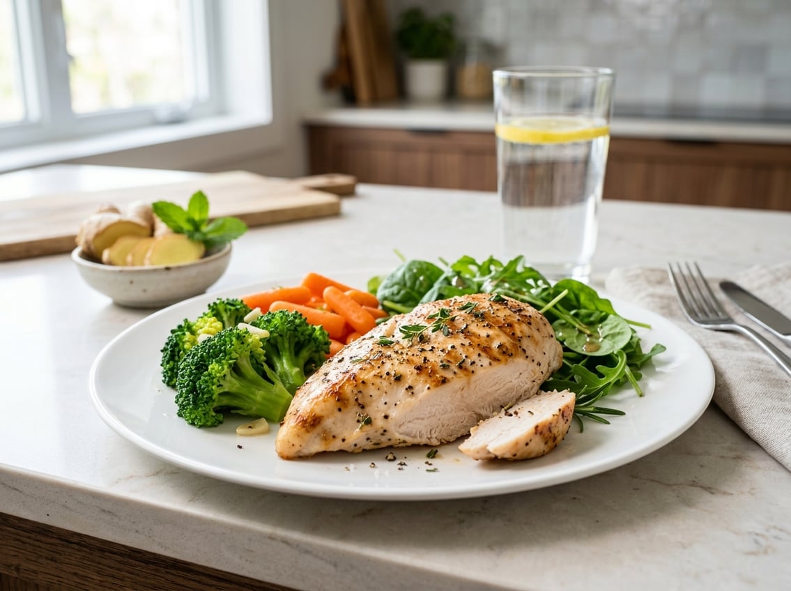 Close-up of a cooked chicken breast on a plate with fresh vegetables on a kitchen countertop.