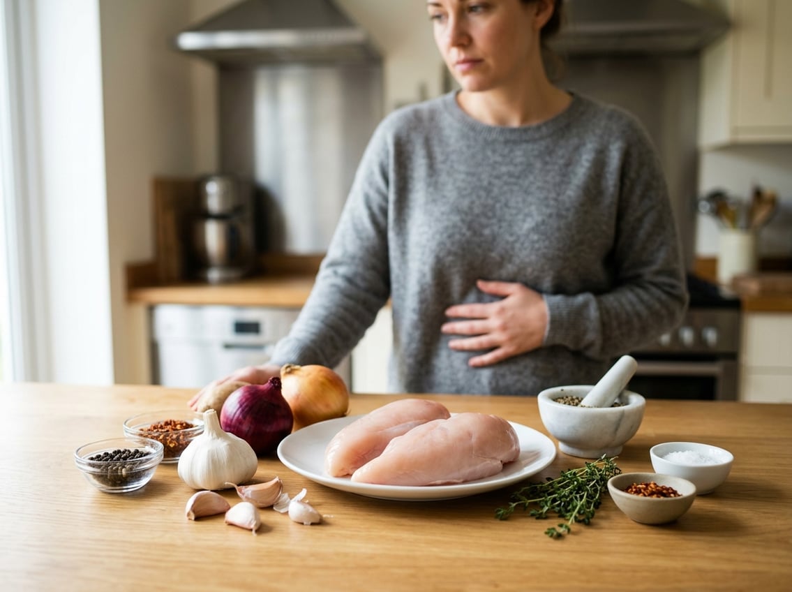 A kitchen countertop with raw chicken breasts on a plate surrounded by garlic, onions, and spices, with a person in the background holding their stomach.