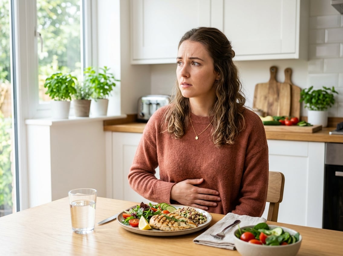 A young woman sitting at a kitchen table with a plate of grilled chicken breast, touching her stomach with a concerned expression.