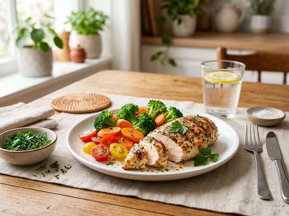 A grilled chicken breast served on a plate with fresh vegetables on a bright kitchen table.