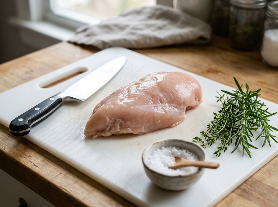 Close-up of a raw chicken breast on a cutting board with herbs and a knife nearby.