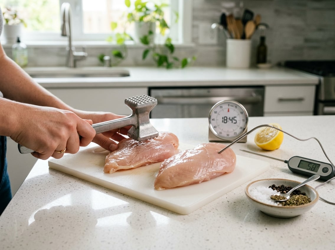 Close-up of raw chicken breasts on a kitchen counter with a meat thermometer, spices, and hands tenderizing the meat.