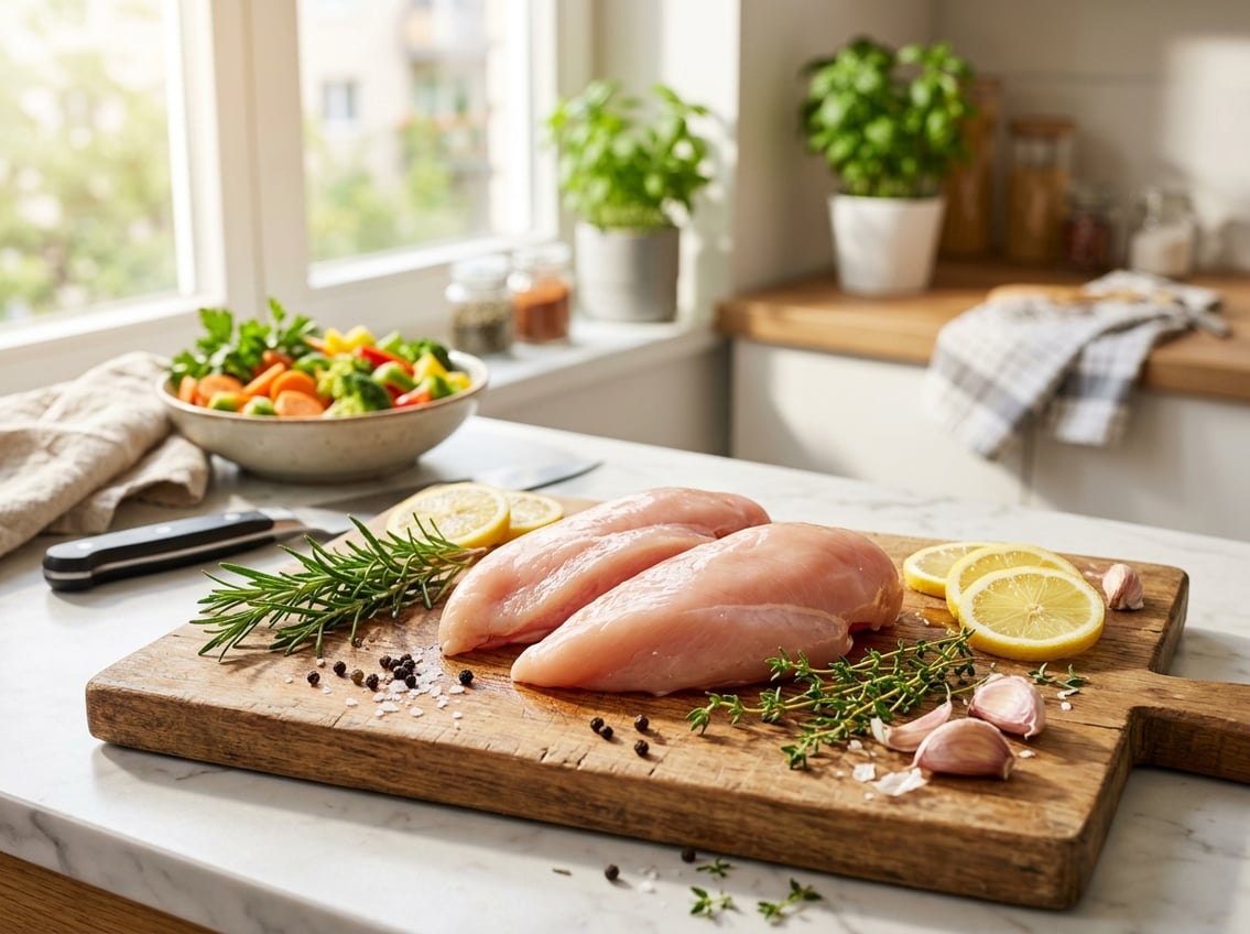 Raw chicken breasts on a wooden cutting board with fresh herbs and lemon slices in a bright kitchen.