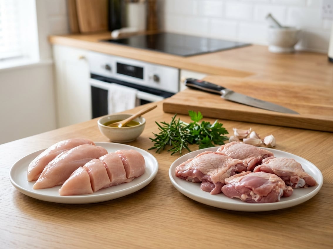 Two plates on a kitchen counter, one with raw chicken breast pieces and the other with raw chicken thigh pieces, surrounded by fresh herbs and cooking ingredients.