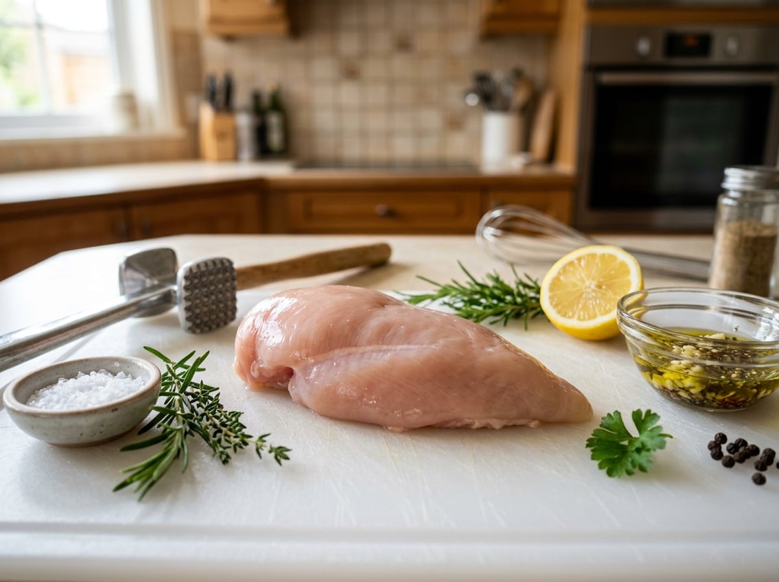 A raw chicken breast on a cutting board surrounded by herbs, lemon, salt, and a meat mallet in a kitchen.