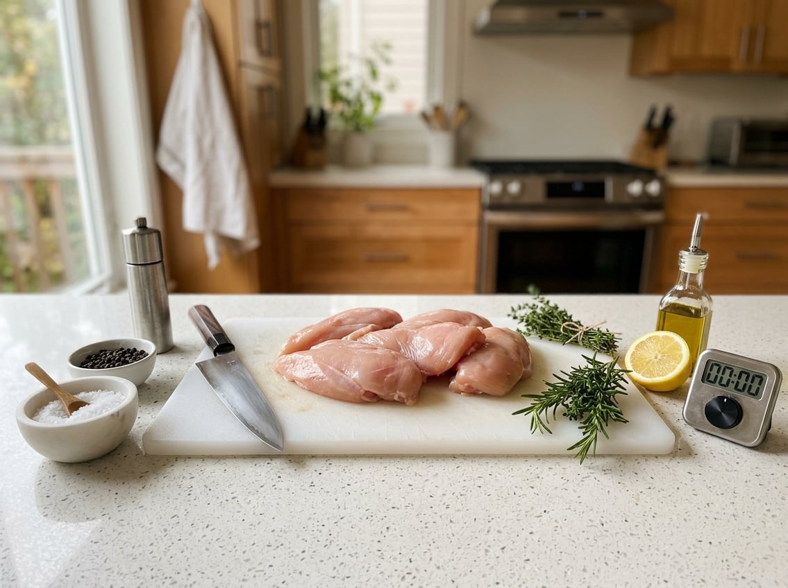 Raw chicken breasts on a cutting board surrounded by herbs, spices, a lemon, and a knife in a kitchen setting.