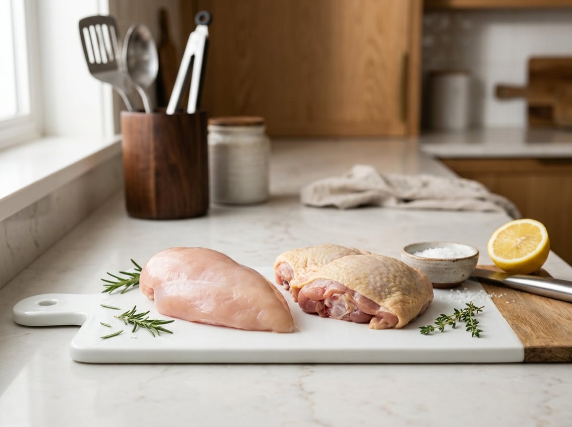 Raw chicken breast and thigh displayed side by side on a cutting board with herbs and lemon in a kitchen setting.