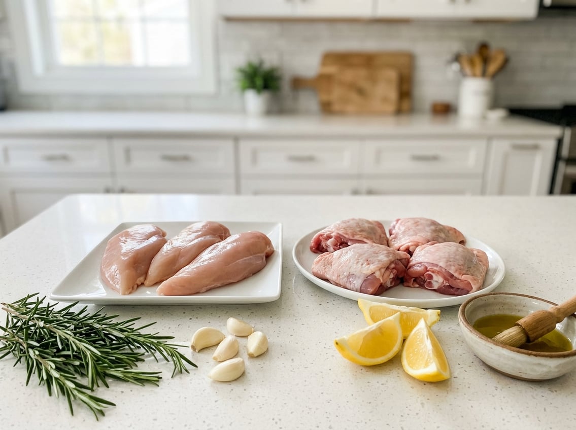 A kitchen countertop with raw chicken breast and chicken thighs on separate plates surrounded by fresh herbs, garlic, and lemon wedges.