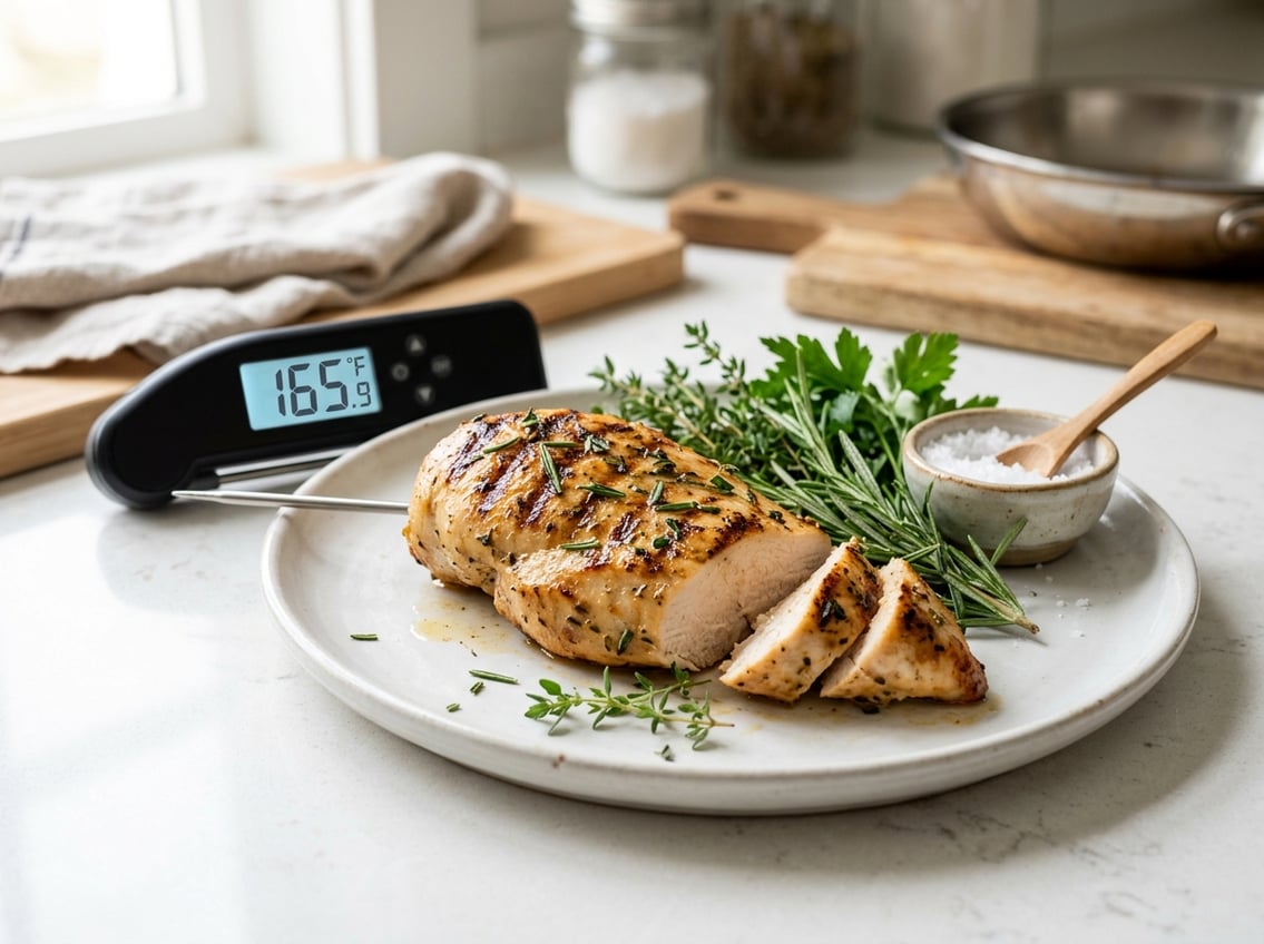 A cooked chicken breast on a white plate with herbs and a kitchen thermometer on a bright kitchen countertop.