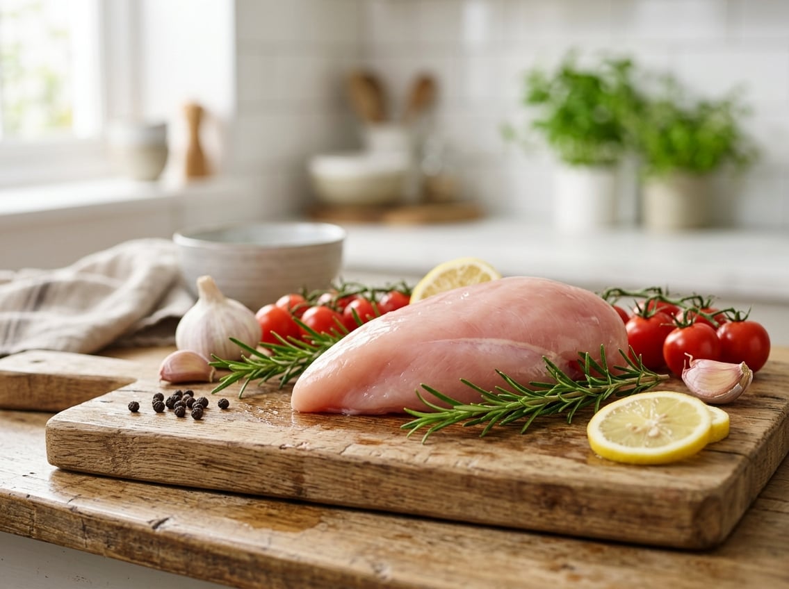 Fresh raw chicken breast on a wooden cutting board surrounded by herbs and vegetables in a kitchen setting.