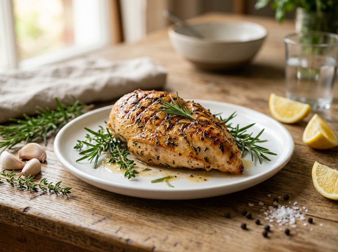 A plate with a golden brown baked chicken breast garnished with fresh herbs, surrounded by garlic, lemon wedges, and herbs on a wooden table.